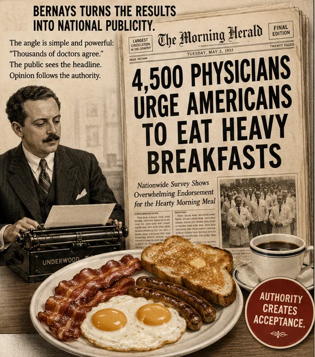 Vintage-style illustration of a 1920s newspaper headline reading 4,500 physicians urge Americans to eat heavy breakfasts, next to a plate of bacon and eggs