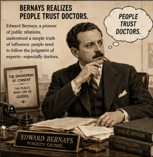 Vintage-style illustration of Edward Bernays at his desk, thinking: people trust doctors